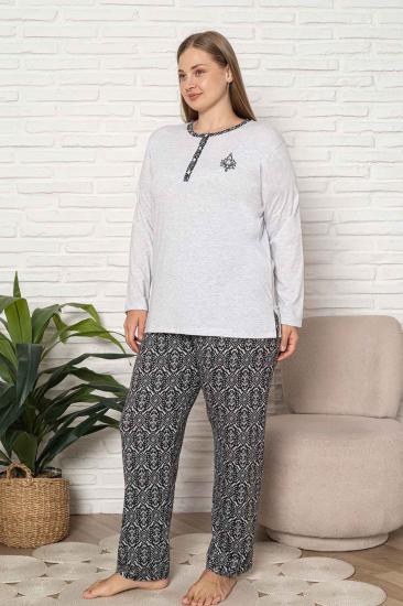 Büyük Beden Kadın Pijama Takımı - Gri Etnik Desen Uzun Kol Likralı Kumaş 2923UYB