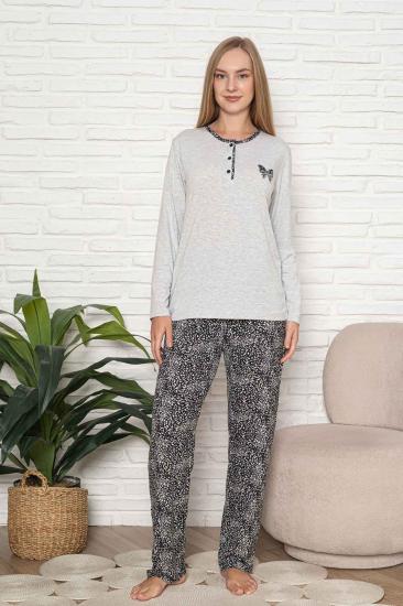 Kadın Pijama Takımı - Gri Etnik Desen Uzun Kol Likralı Kumaş 2921UY