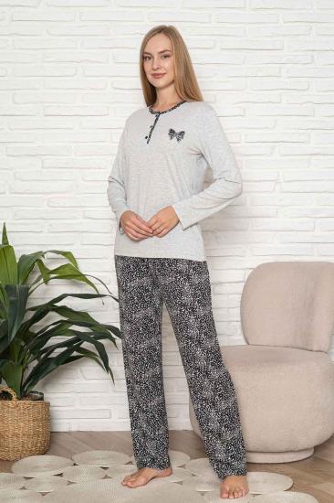 Kadın Pijama Takımı - Gri Etnik Desen Uzun Kol Likralı Kumaş 2921UY