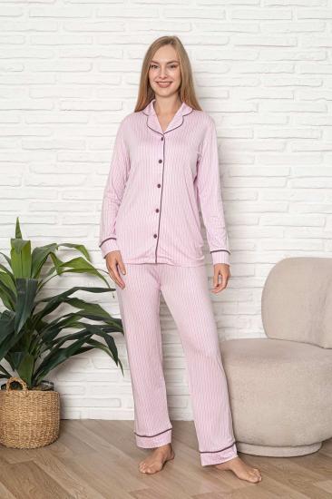 Önden Düğmeli Kadın Pijama Takımı - Pembe Çizgili Desenli Uzun Kol Likralı Rink Viskon 2507UY