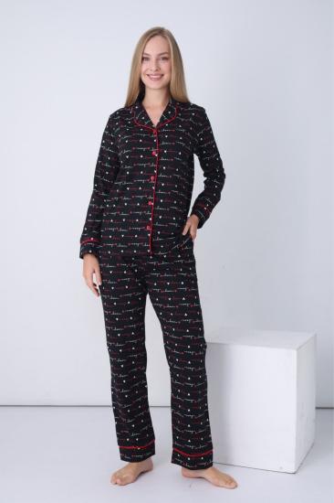 Kadın Pijama Takımı - Siyah Love Önden Düğmeli Uzun Kollu Penye 2926UY
