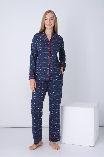 Kadın Pijama Takımı - İndigo Love Önden Düğmeli Uzun Kollu Penye 2926UY