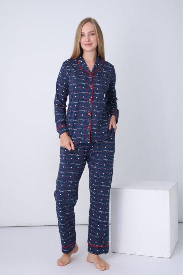 Kadın Pijama Takımı - İndigo Love Önden Düğmeli Uzun Kollu Penye 2926UY