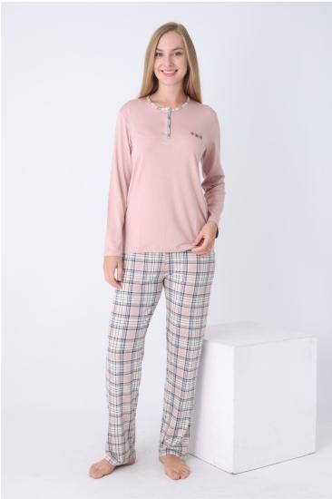 Kadın Pijama Takımı - Kareli Uzun Kollu Likralı Viskon 2925UY