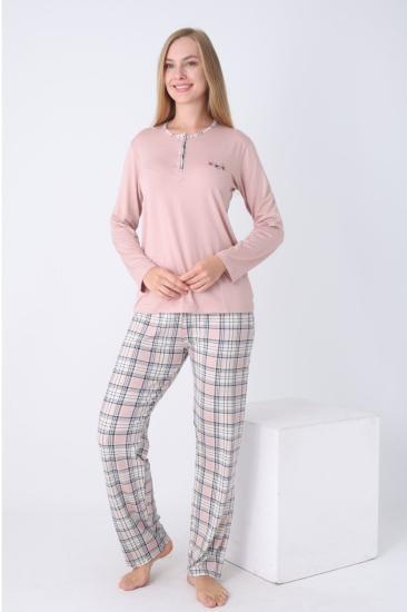 Kadın Pijama Takımı - Kareli Uzun Kollu Likralı Viskon 2925UY