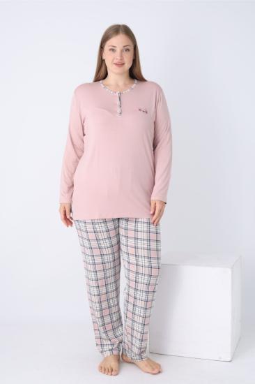 Büyük Beden Kadın Pijama Takımı - Kareli Uzun Kollu Likralı Viskon 2925UYB
