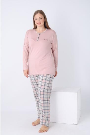 Büyük Beden Kadın Pijama Takımı - Kareli Uzun Kollu Likralı Viskon 2925UYB
