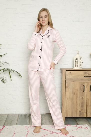 Önden Düğmeli Kadın Pijama Takımı - Pembe Çizgili Uzun Kol %100 Ramuk 2568UY