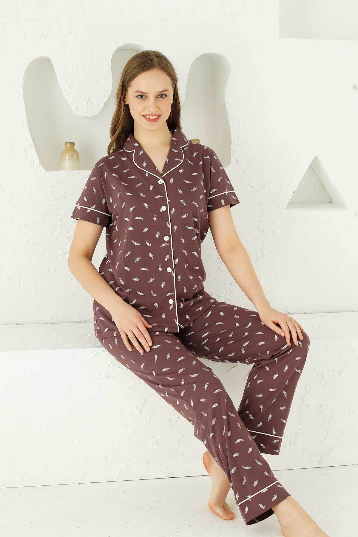 Mürdüm Önden Düğmeli Kısa Kollu Bayan Pijama Takımı 2732KY