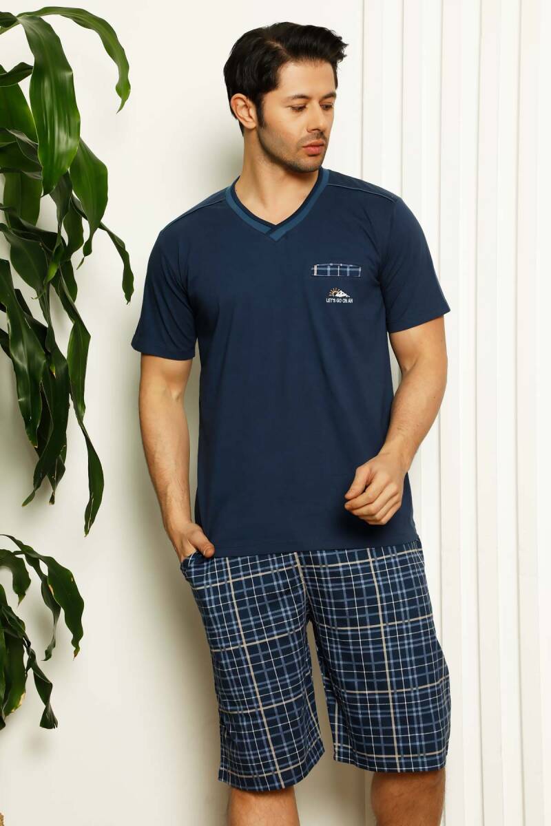 İndigo Ekoseli Şortlu Erkek Pijama Takımı 1167ŞT