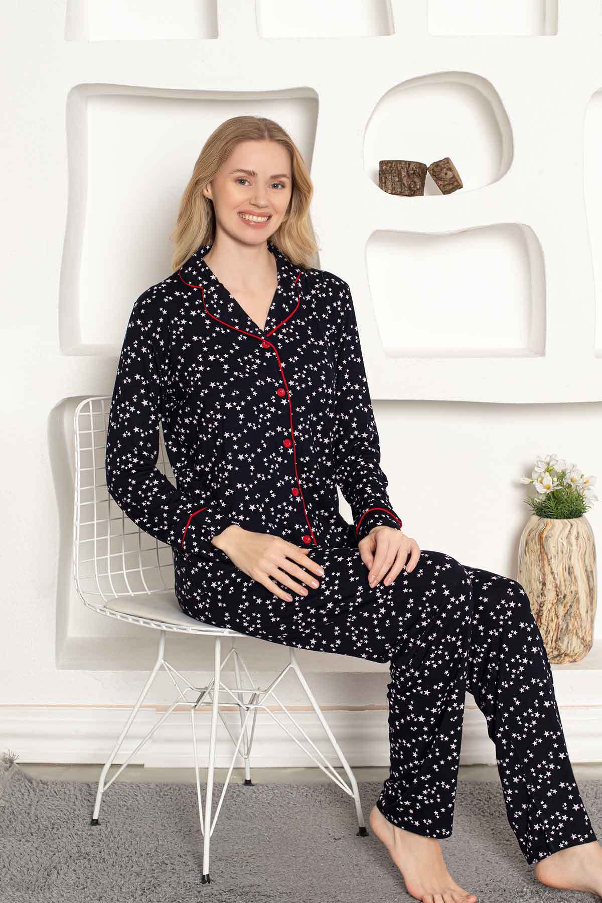 Kadın Pijama Takımı - Yıldız Desenli Önden Düğmeli Uzun Kollu Penye 2536UY