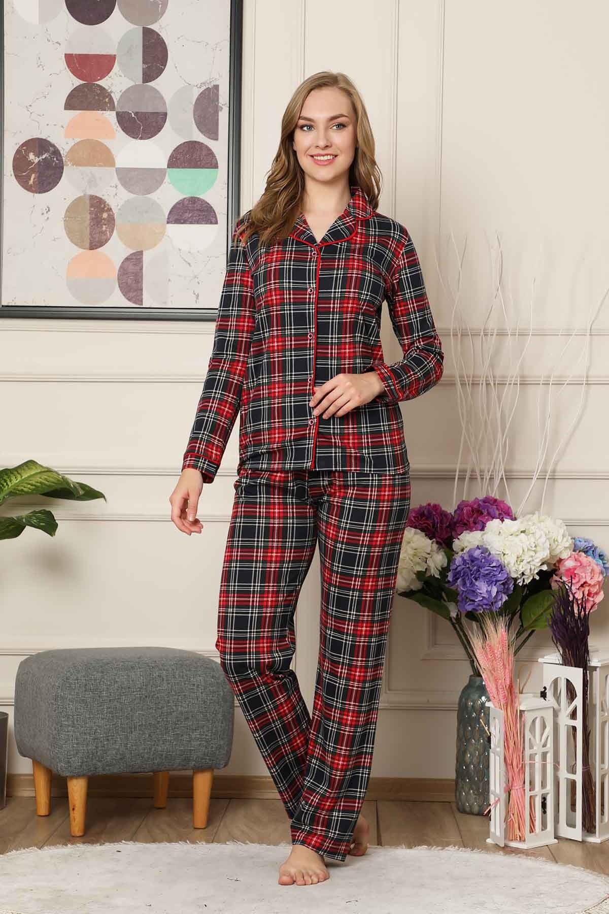 Kareli Önden Düğmeli Uzun Kollu Likralı Viskon Bayan Pijama Takımı 2523UY