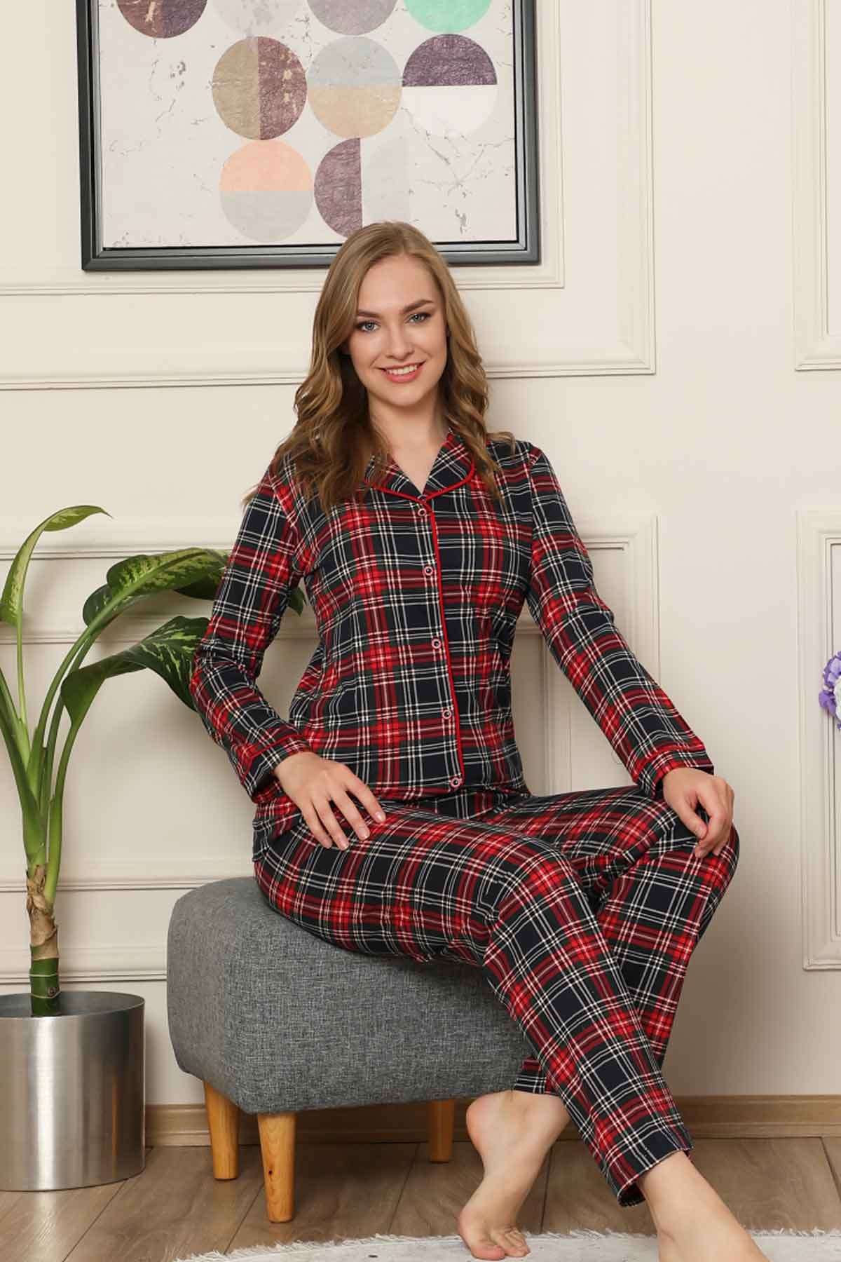 Kareli Önden Düğmeli Uzun Kollu Likralı Viskon Bayan Pijama Takımı 2523UY