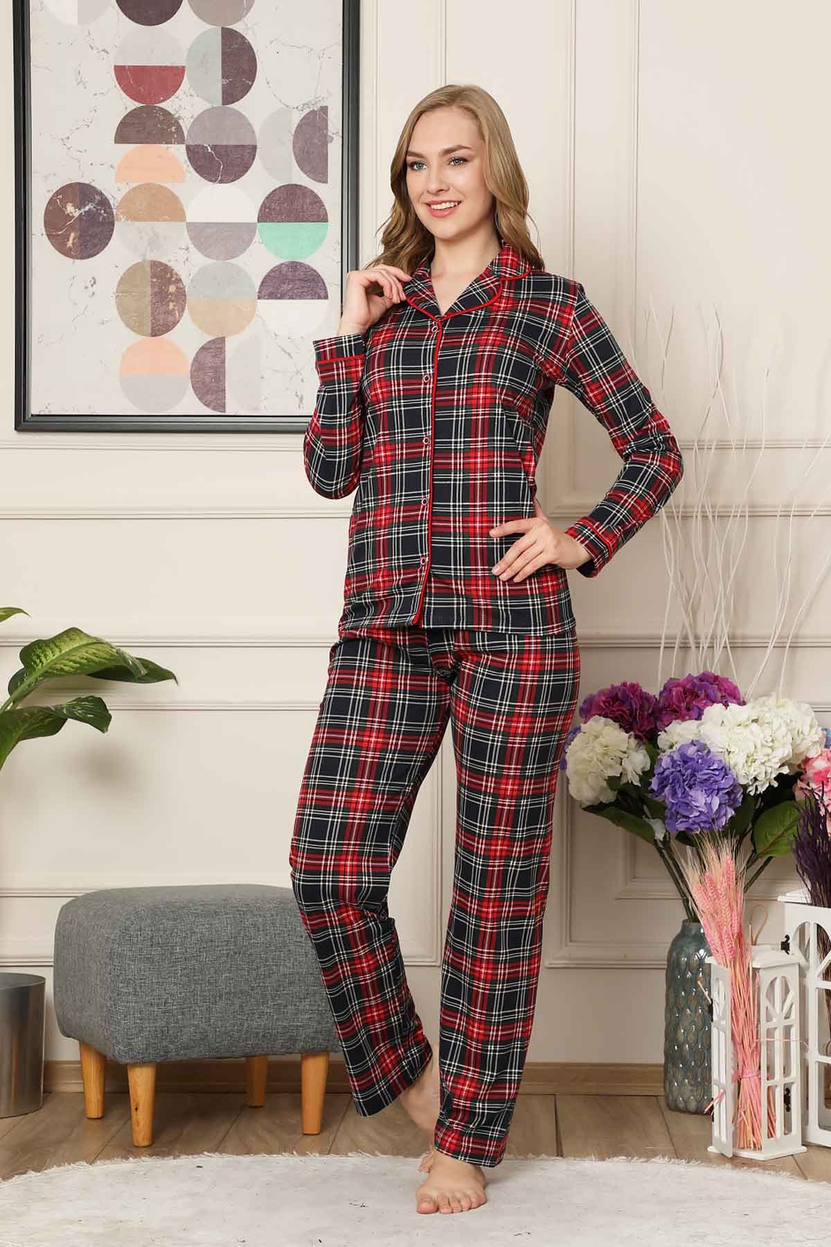 Kareli Önden Düğmeli Uzun Kollu Likralı Viskon Bayan Pijama Takımı 2523UY