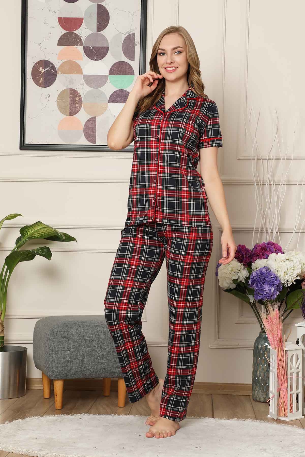 Kareli Önden Düğmeli Kısa Kollu Likralı Viskon Bayan Pijama Takımı 2523KY