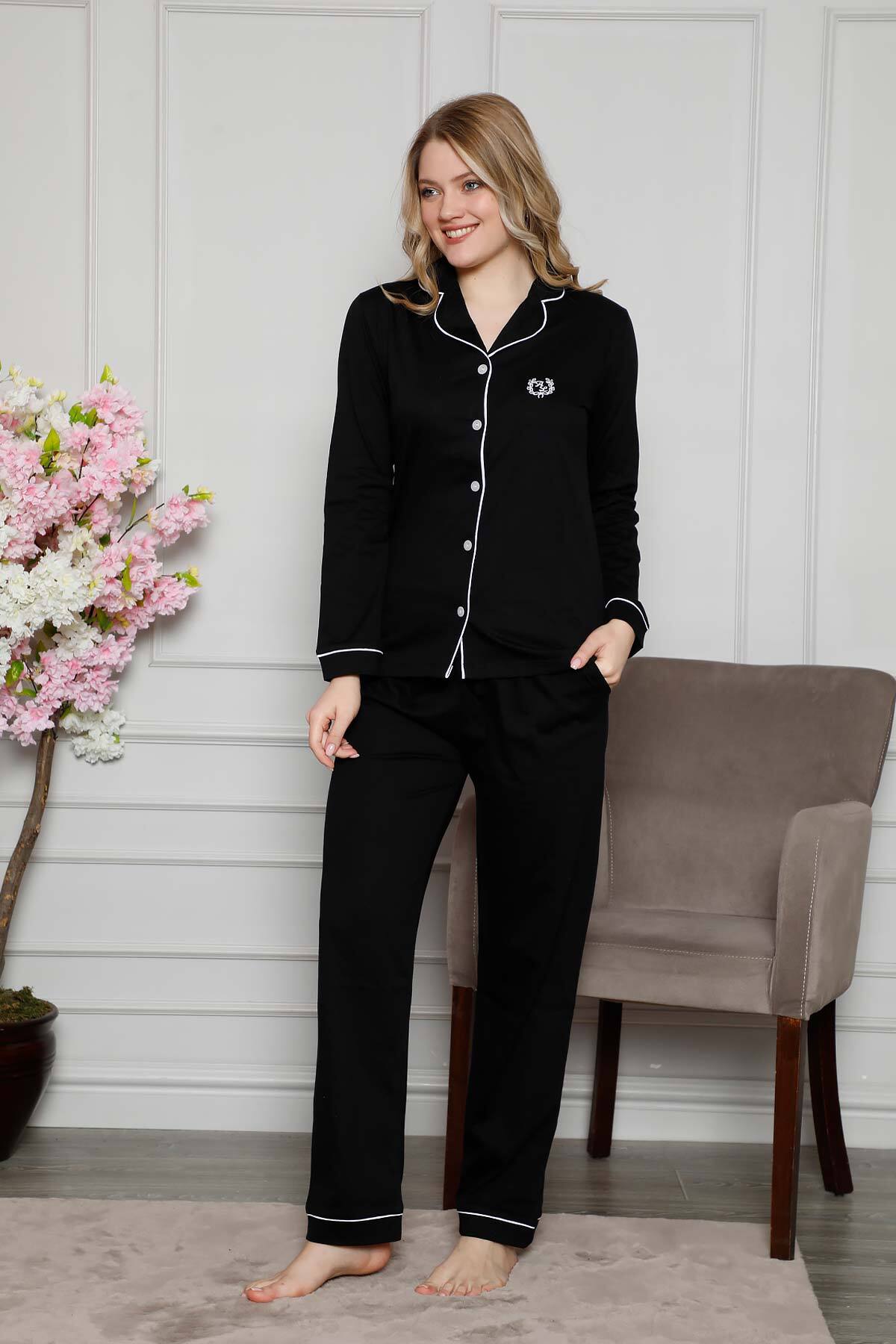 Siyah Önden Düğmeli Uzun Kollu Bayan Pijama Takımı 2577UY