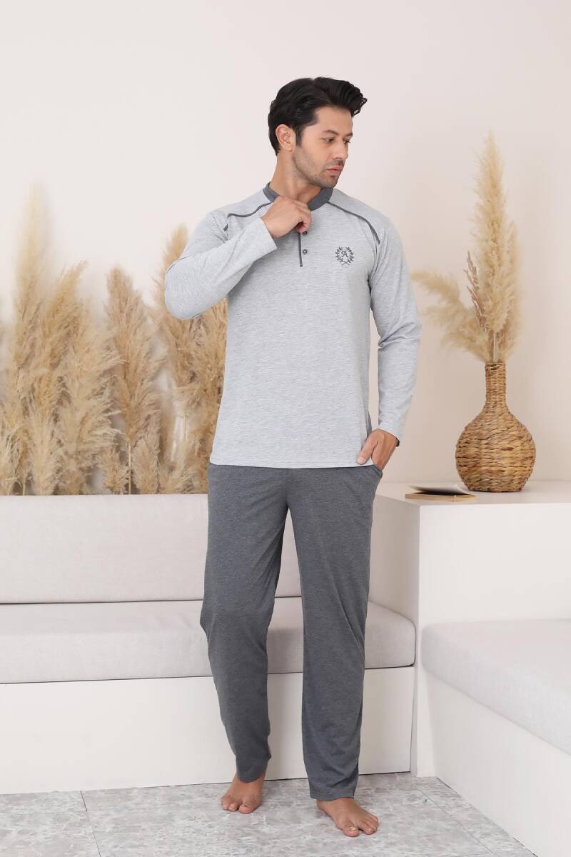 Erkek Pijama Takımı - Gri Arma Nakışlı Uzun Kollu Penye 1187UY