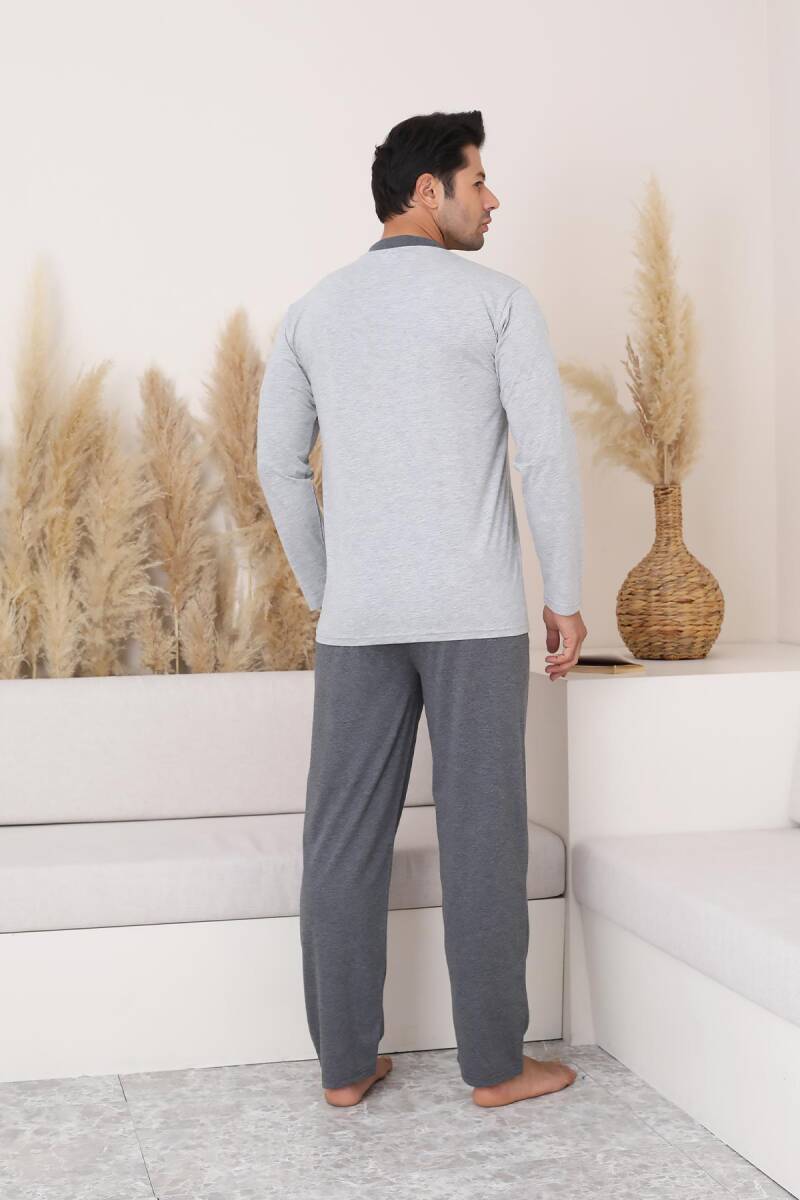 Erkek Pijama Takımı - Gri Arma Nakışlı Uzun Kollu Penye 1187UY