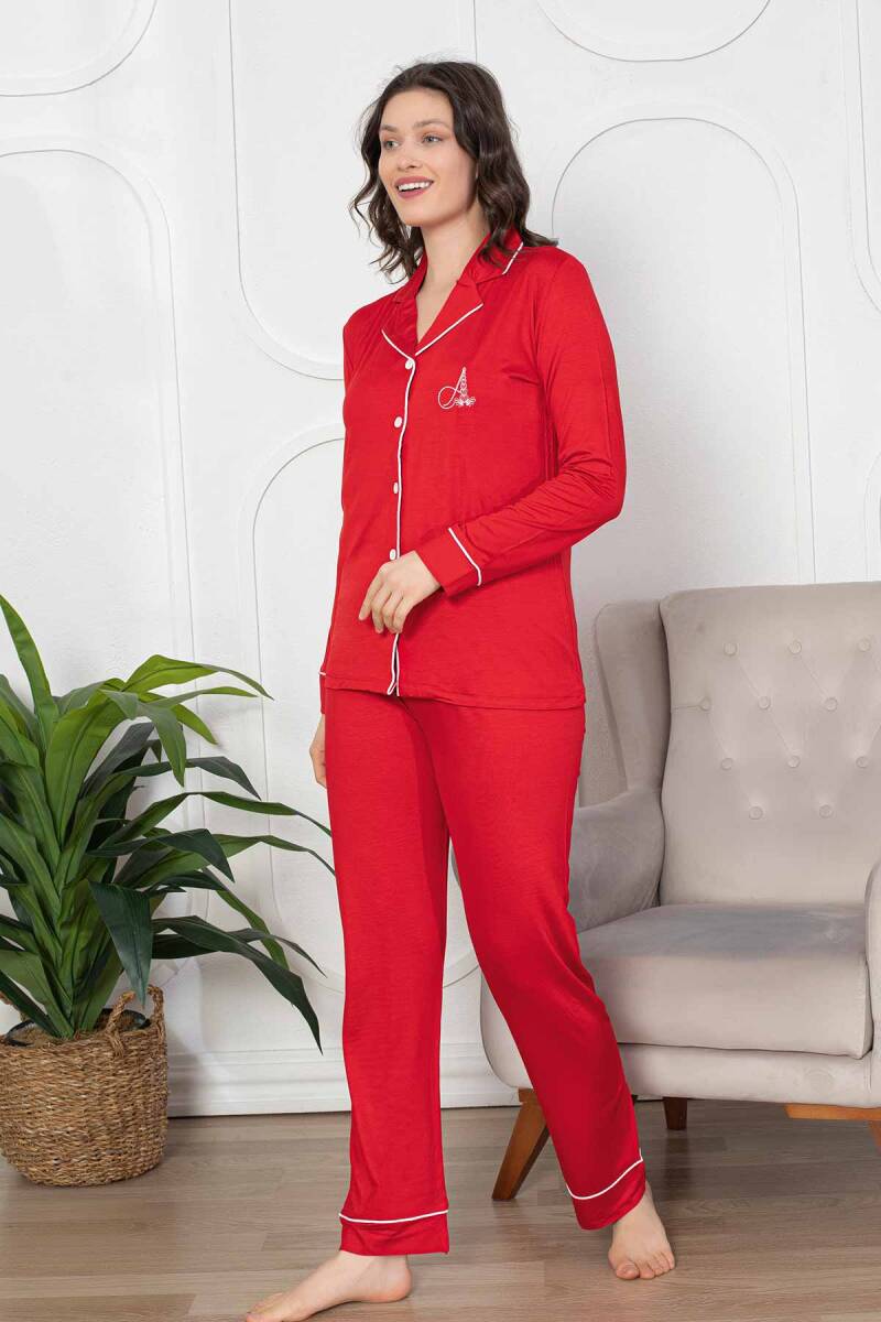 Kırmızı Önden Düğmeli Likralı Bayan Pijama Takımı 2782UY