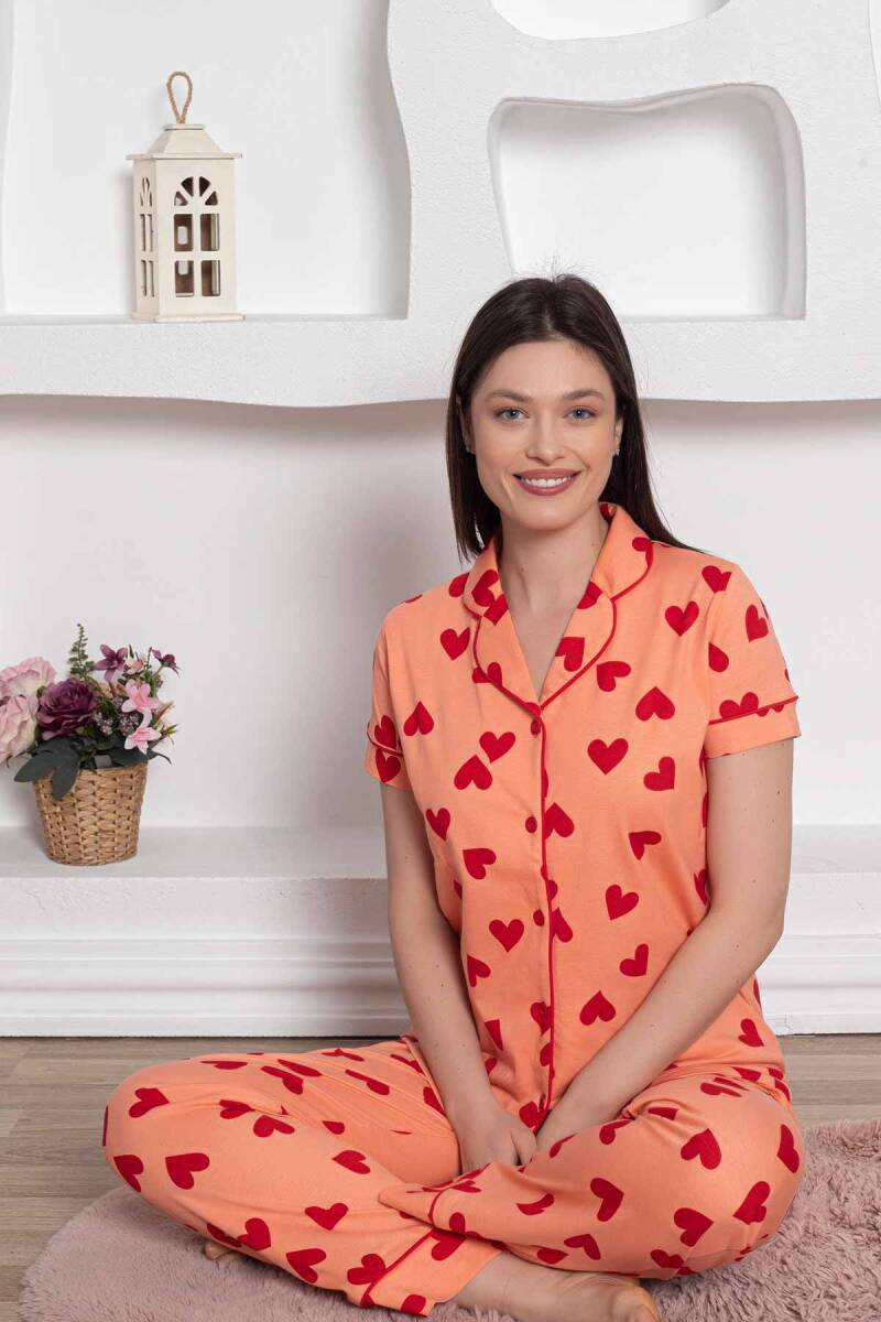 Önden%20Düğmeli%20Kadın%20Pijama%20Takımı%20-%20Somon%20Kalp%20desenli%20Penye%202783KY