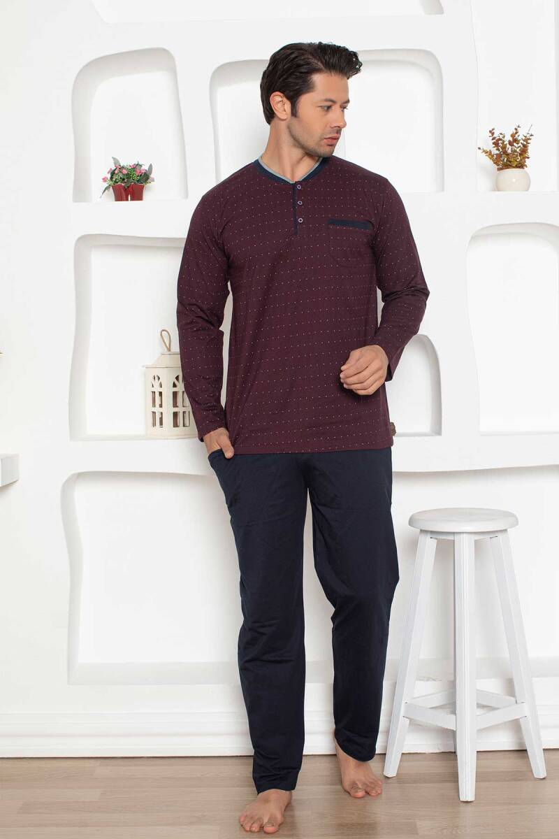 Desenli Erkek Pijama Takımı - Bordo Renk Uzun Kollu Penye 1204UY