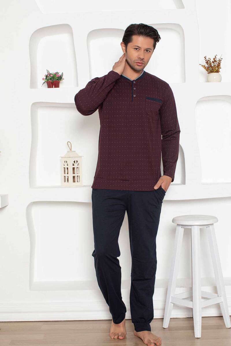 Desenli Erkek Pijama Takımı - Bordo Renk Uzun Kollu Penye 1204UY