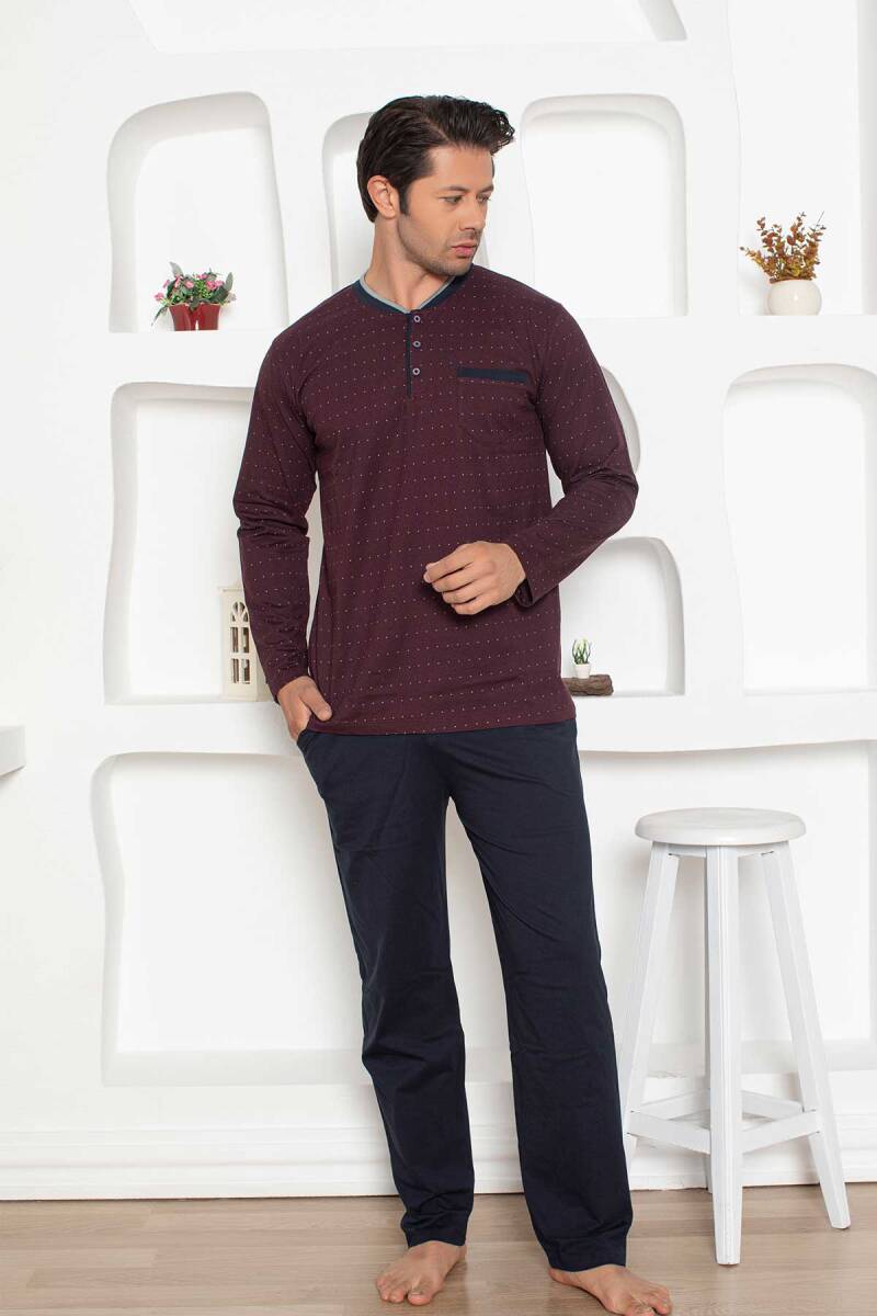 Desenli Erkek Pijama Takımı - Bordo Renk Uzun Kollu Penye 1204UY