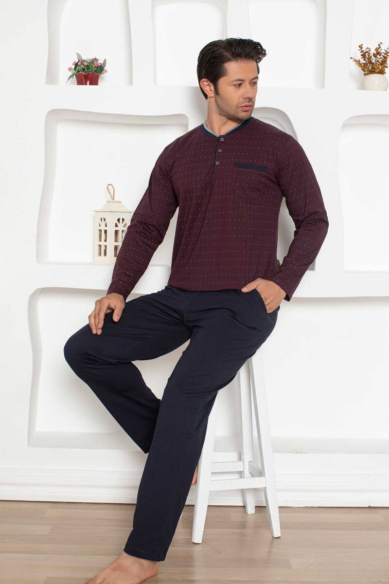 Desenli Erkek Pijama Takımı - Bordo Renk Uzun Kollu Penye 1204UY