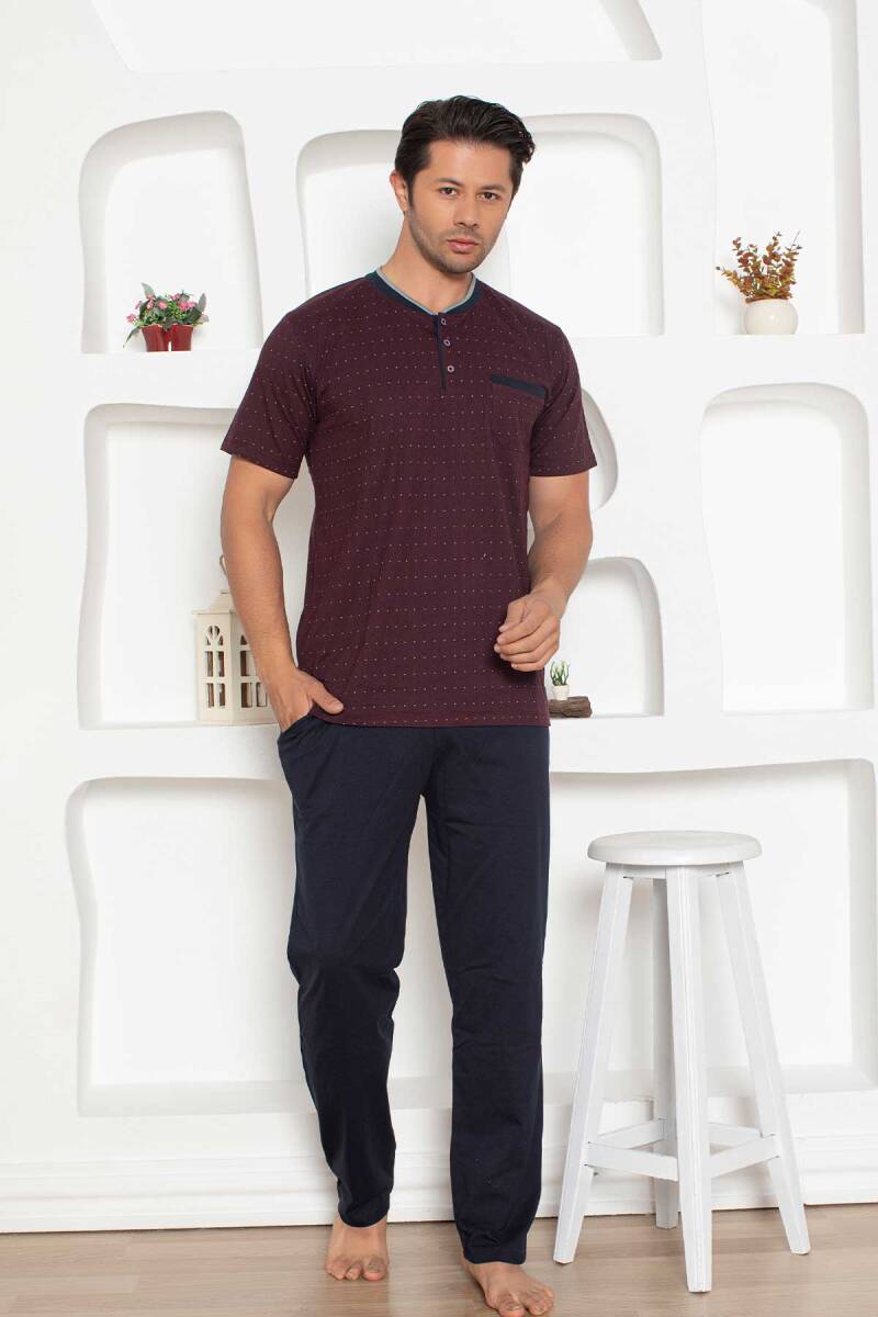 Desenli Erkek Pijama Takımı - Bordo Renk Kısa Kollu Penye 1204KY