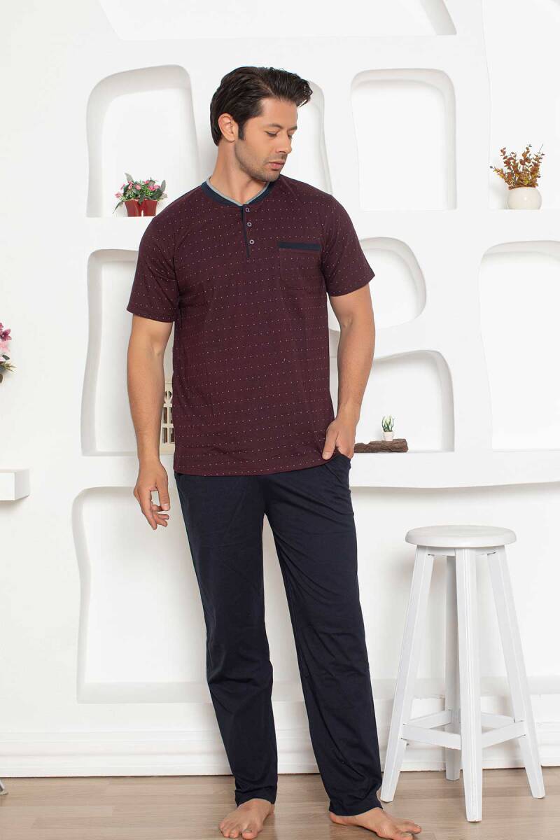 Desenli Erkek Pijama Takımı - Bordo Renk Kısa Kollu Penye 1204KY
