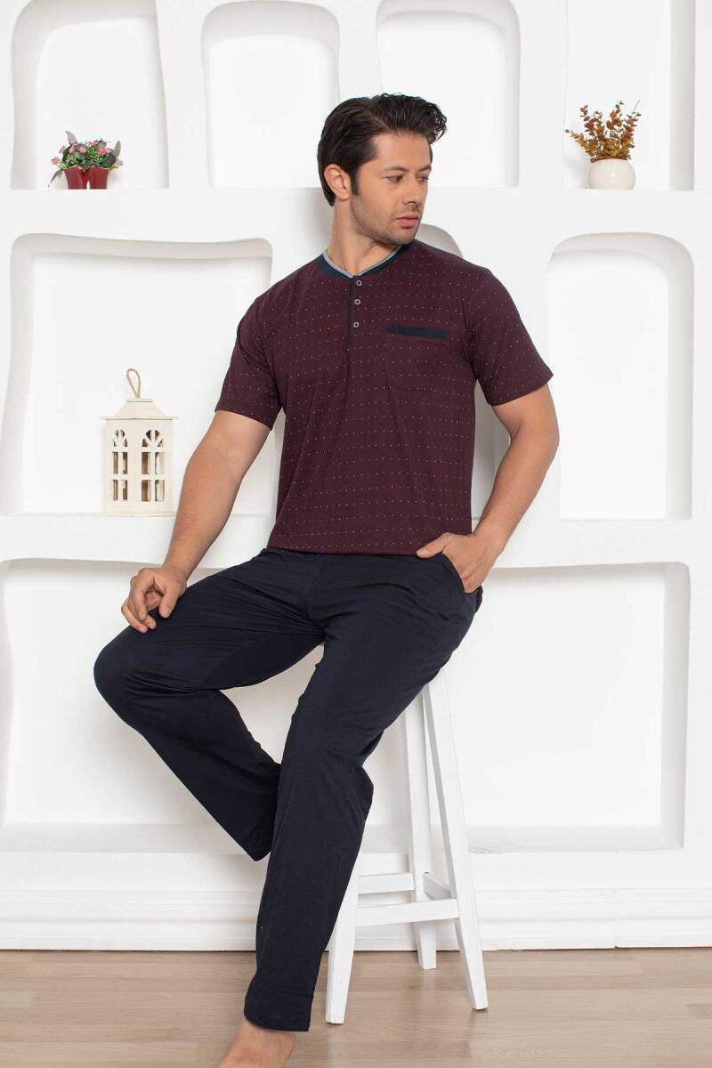 Desenli Erkek Pijama Takımı - Bordo Renk Kısa Kollu Penye 1204KY