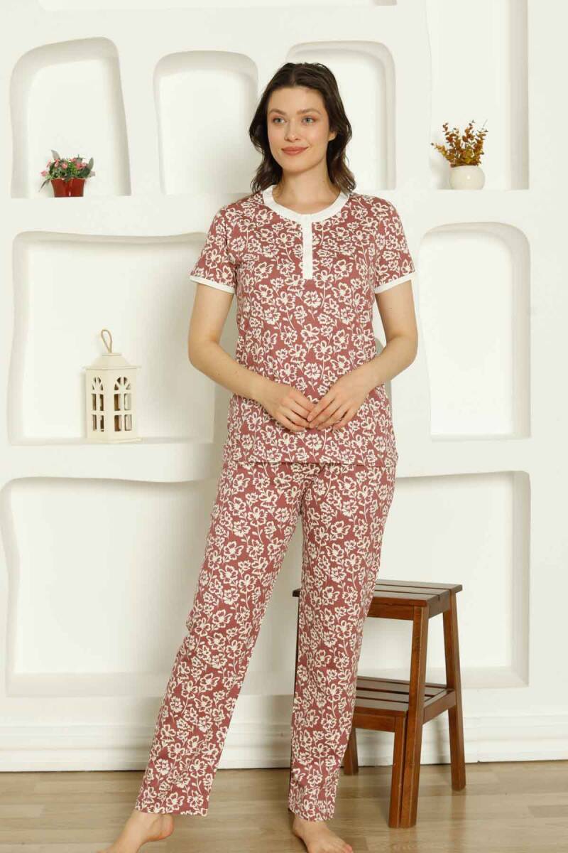 Gül%20Kurusu%20Çiçek%20Desenli%20Penye%20Bayan%20Pijama%20Takımı%202794KY