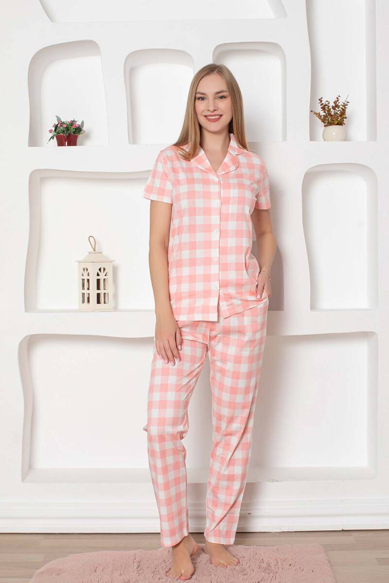 Ekoseli%20Önden%20Düğmeli%20Kadın%20Pijama%20Takımı%20-%20Pembe%20Kısa%20Kollu%20Penye%202793KY