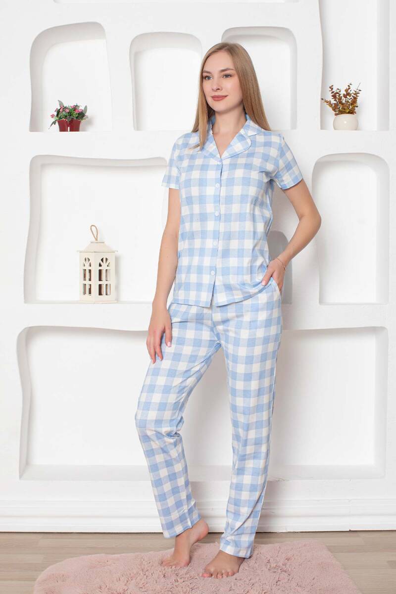 Ekoseli%20Önden%20Düğmeli%20Kadın%20Pijama%20Takımı%20-%20Mavi%20Kısa%20Kollu%20Penye%202793KY