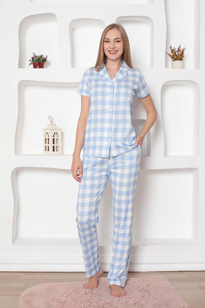 Ekoseli%20Önden%20Düğmeli%20Kadın%20Pijama%20Takımı%20-%20Mavi%20Kısa%20Kollu%20Penye%202793KY