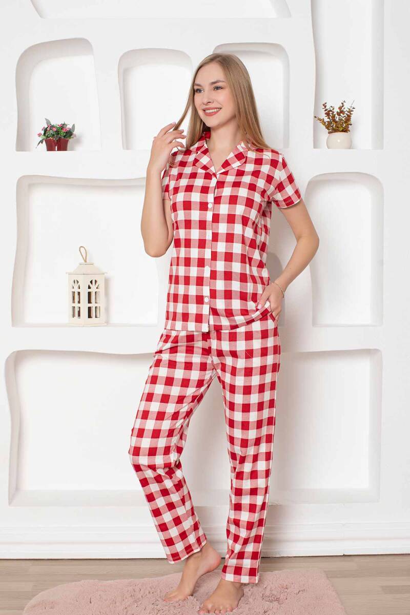 Ekoseli%20Önden%20Düğmeli%20Kadın%20Pijama%20Takımı%20-%20Kırmızı%20Kısa%20Kollu%20Penye%202793KY