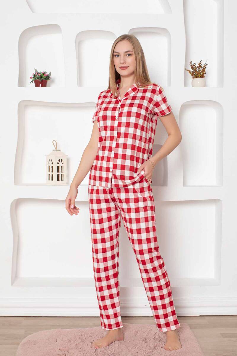 Ekoseli%20Önden%20Düğmeli%20Kadın%20Pijama%20Takımı%20-%20Kırmızı%20Kısa%20Kollu%20Penye%202793KY