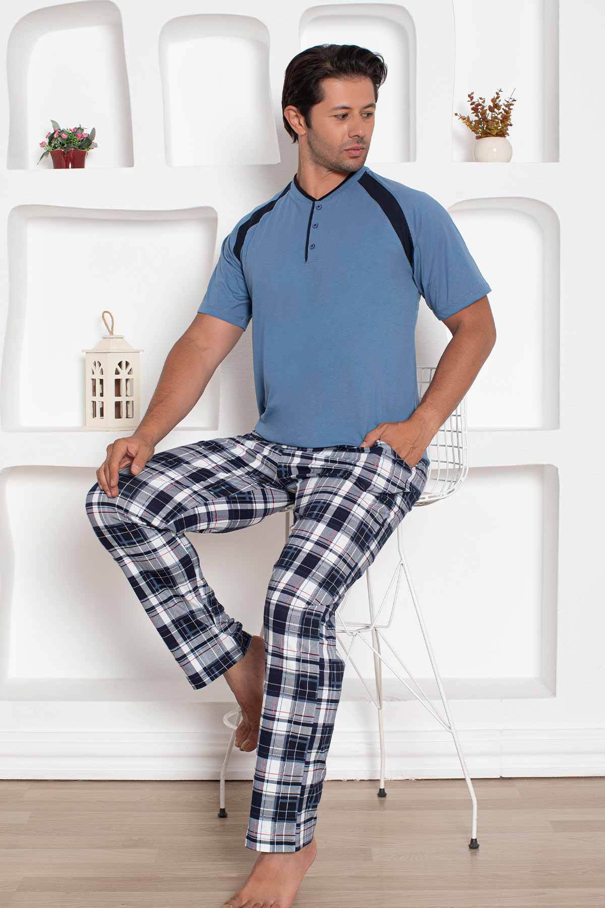 İndigo  Kareli Kısa Kollu Erkek Pijama Takımı 1206KY