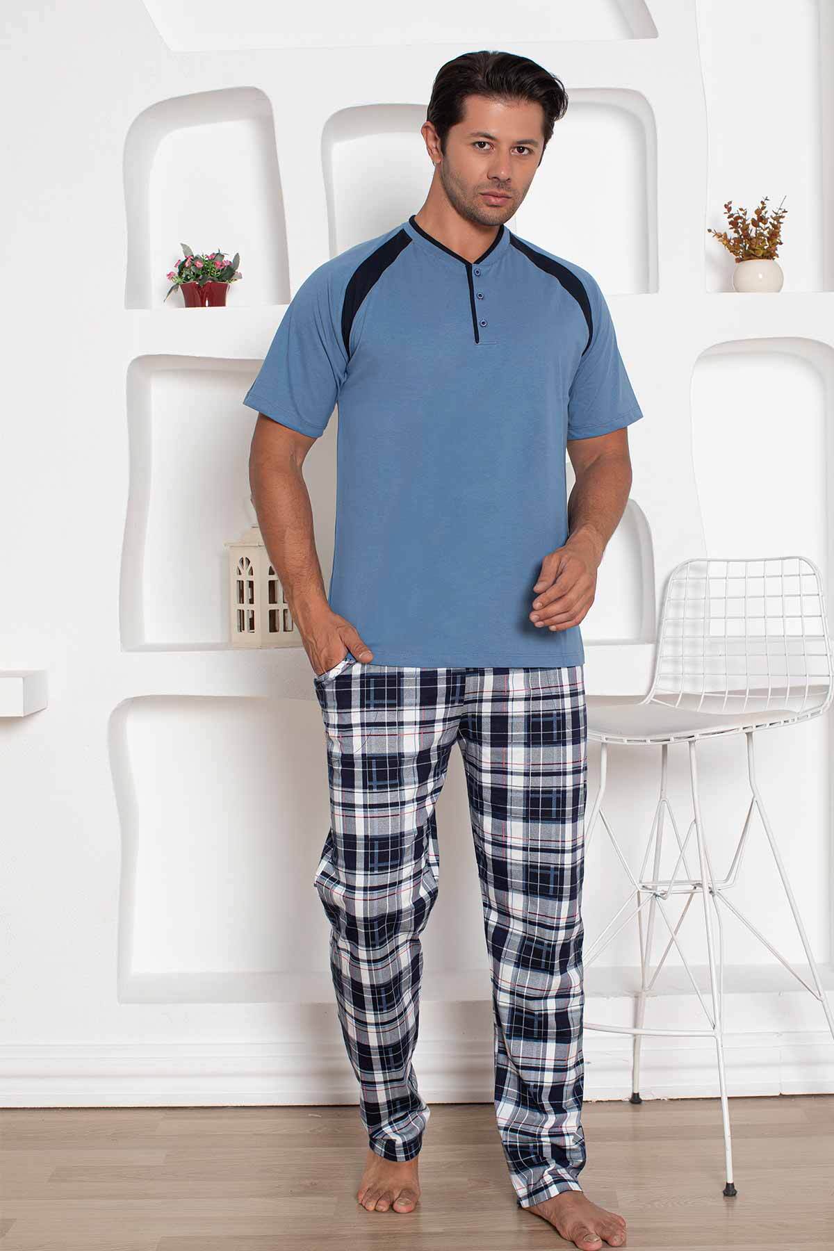 İndigo  Kareli Kısa Kollu Erkek Pijama Takımı 1206KY