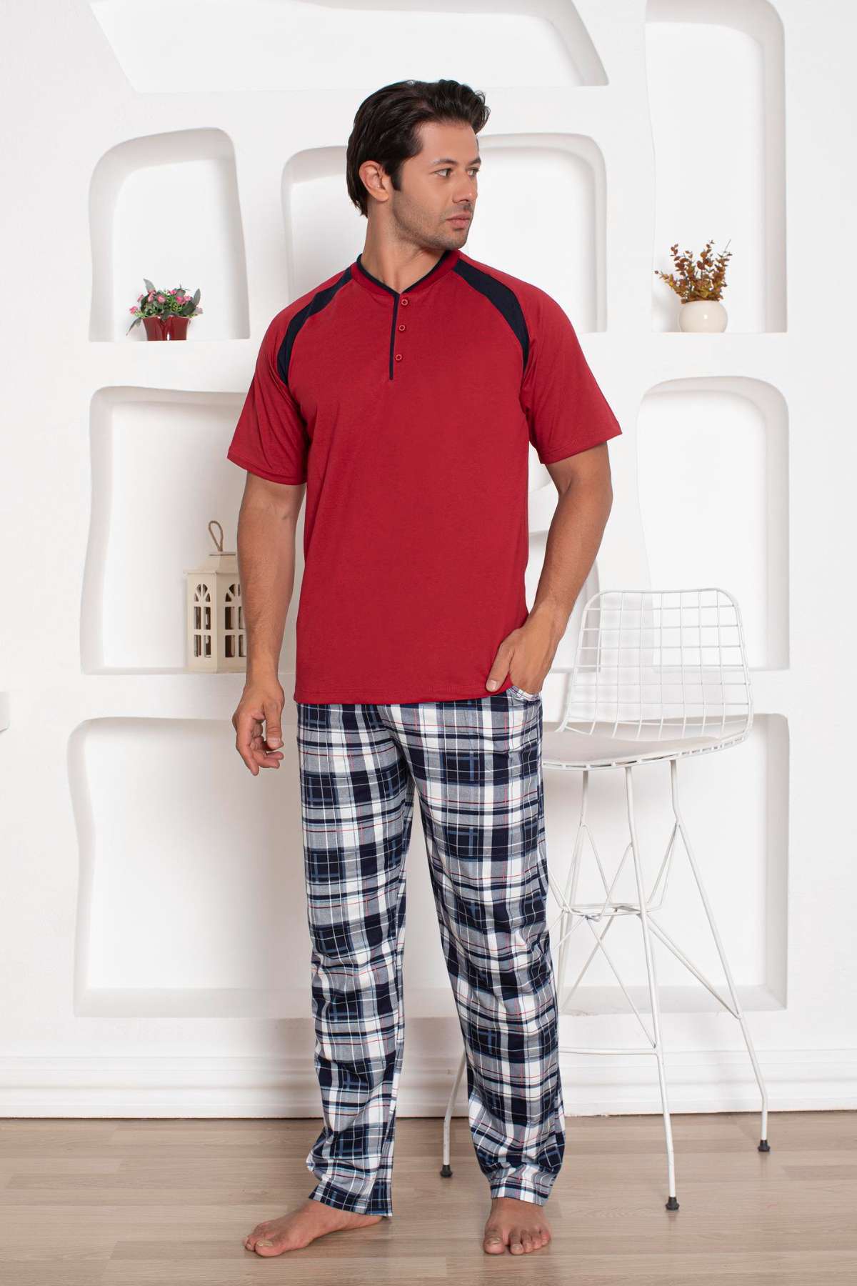 Bordo  Kareli Kısa Kollu Erkek Pijama Takımı 1206KY