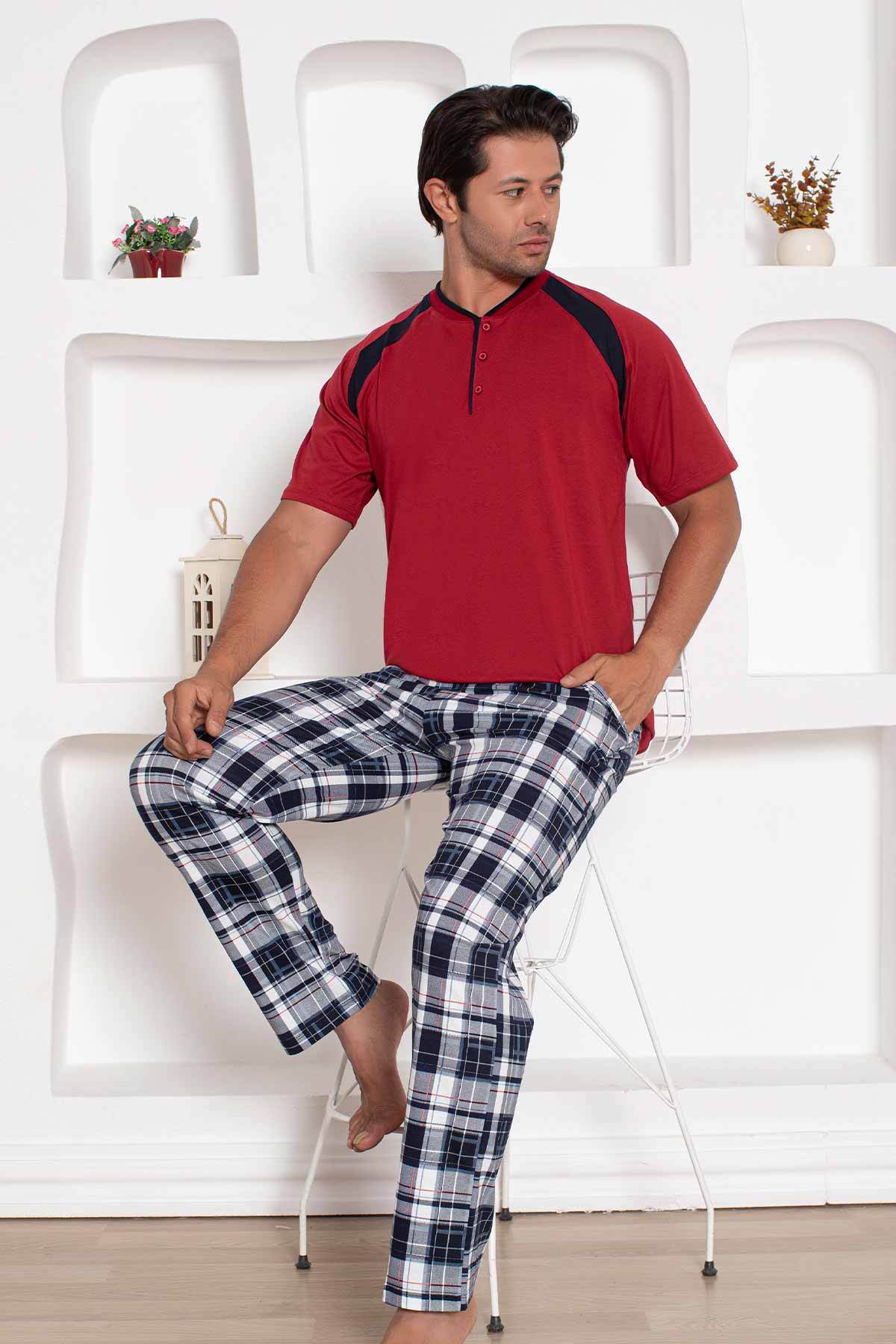 Bordo  Kareli Kısa Kollu Erkek Pijama Takımı 1206KY