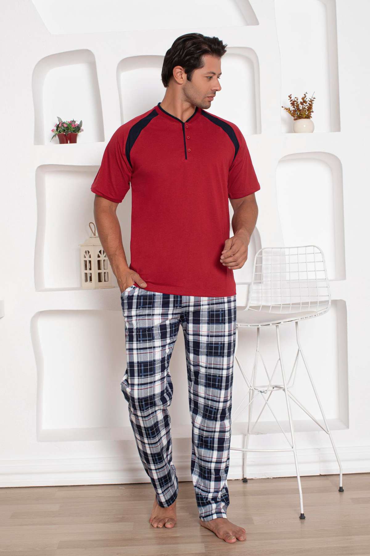 Bordo  Kareli Kısa Kollu Erkek Pijama Takımı 1206KY