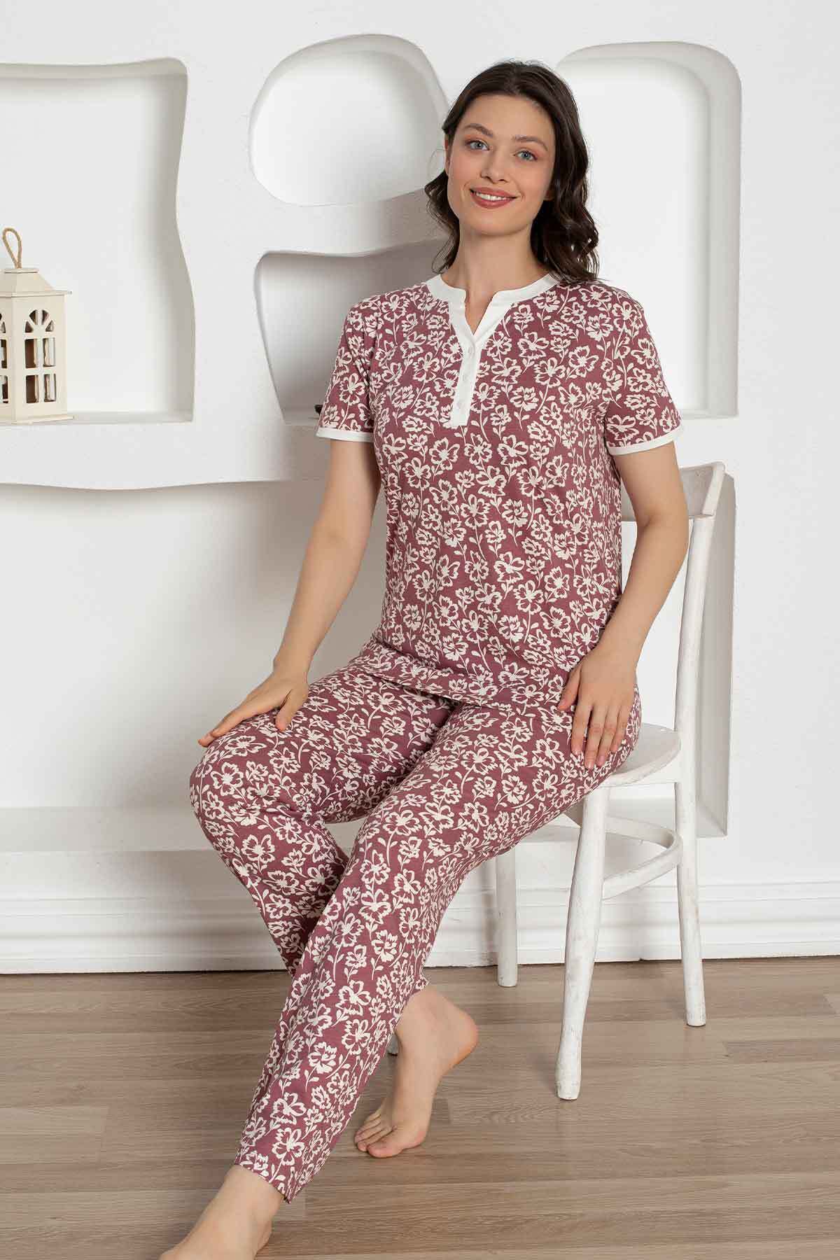 Gül Kurusu Çiçek Desenli Penye Bayan Pijama Takımı 2795KY