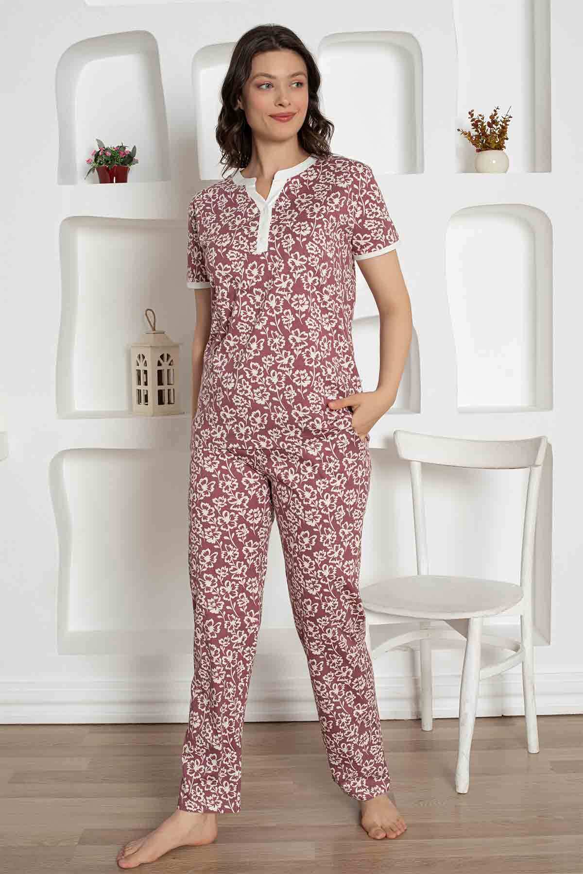 Gül Kurusu Çiçek Desenli Penye Bayan Pijama Takımı 2795KY