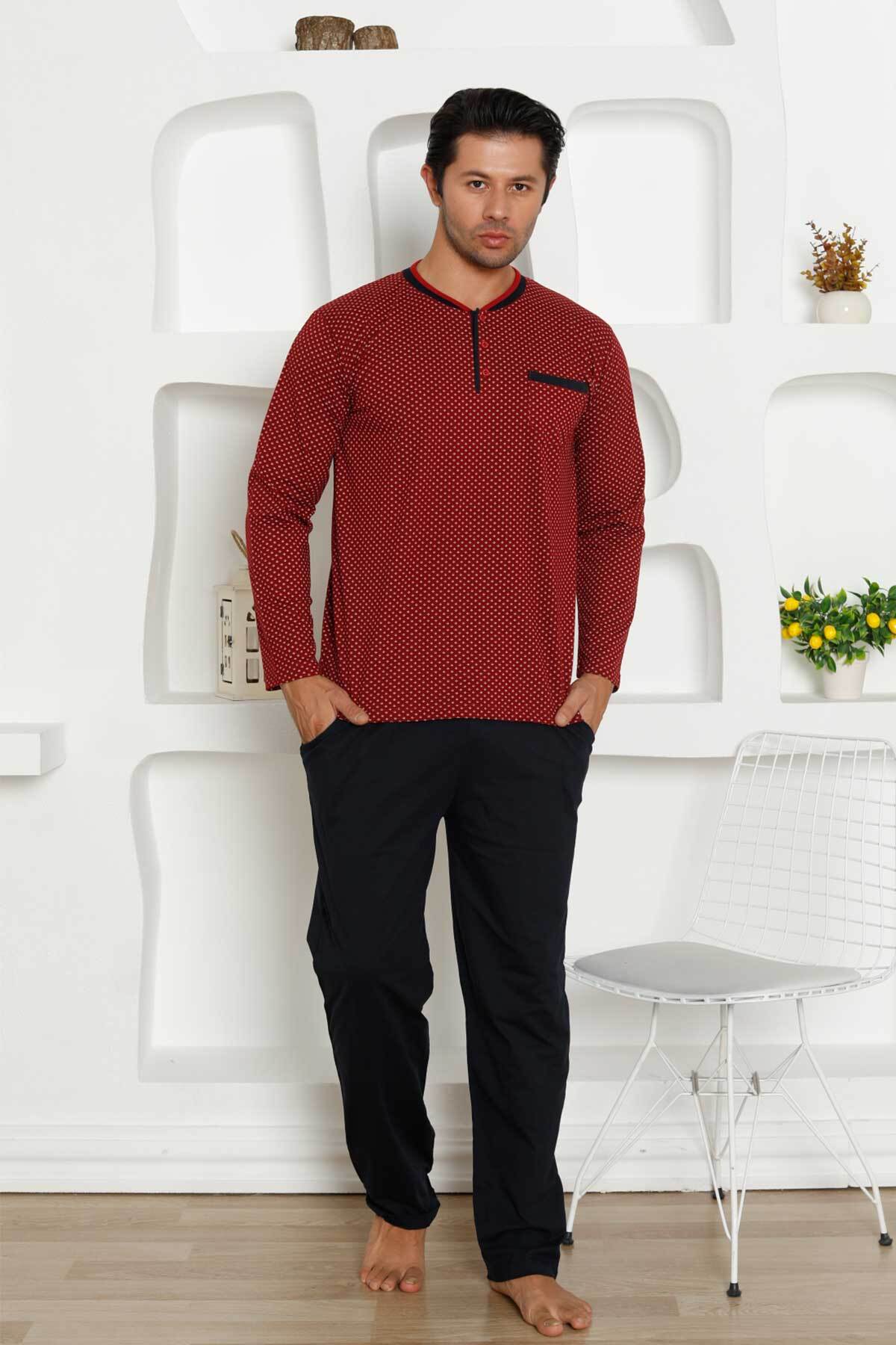 Çıpa Desenli Erkek Pijama Takımı - Bordo Penye Uzun Kollu 1208UY