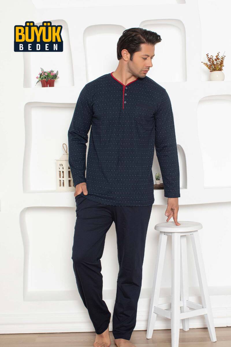 Büyük beden Erkek Pijama Takımı - Lacivert Renk Uzun Kollu Penye 1204UYB
