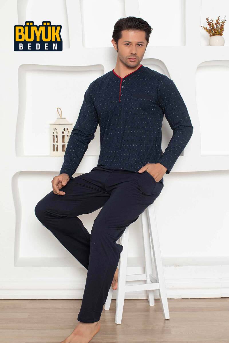 Büyük beden Erkek Pijama Takımı - Lacivert Renk Uzun Kollu Penye 1204UYB