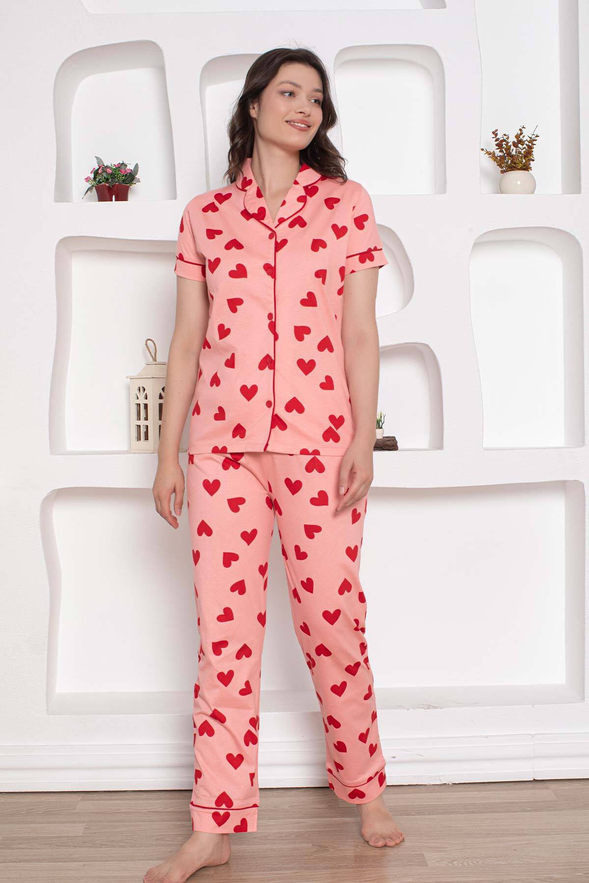 Önden Düğmeli Kadın Pijama Takımı - Pembe Kalp desenli Penye 2783KY