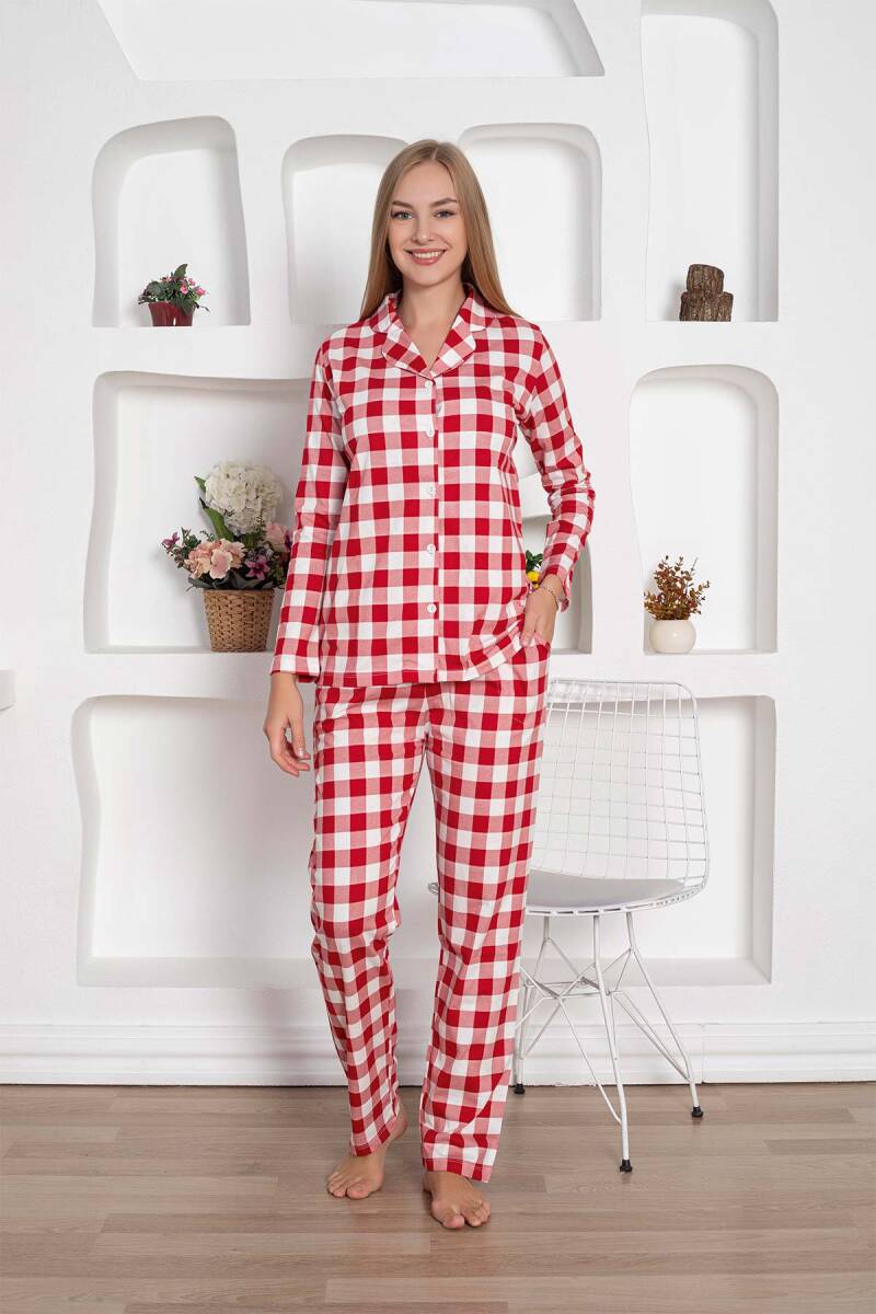 Ekoseli Önden Düğmeli Kadın Pijama Takımı - Kırmızı Uzun Kollu Penye 2793UY