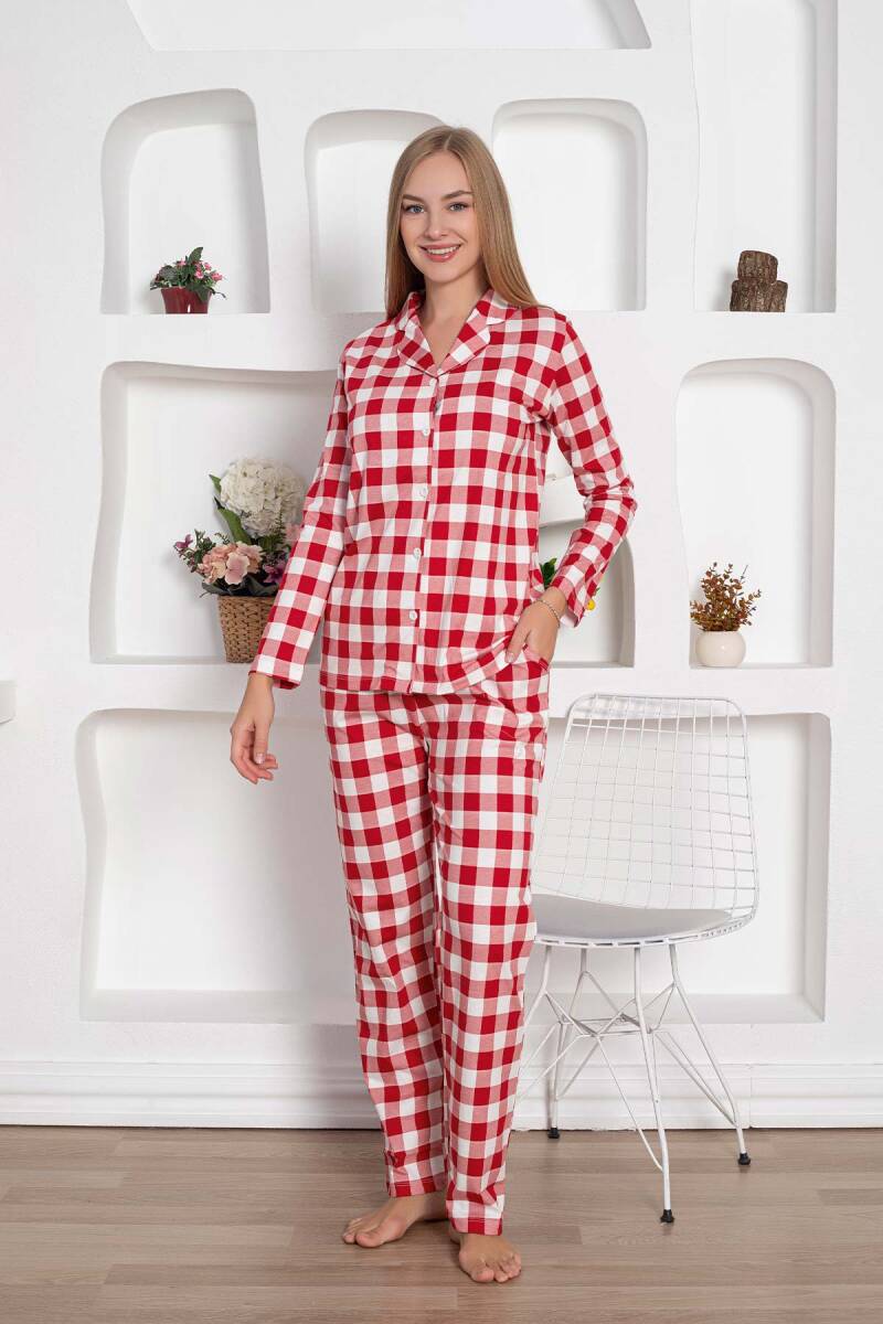 Ekoseli Önden Düğmeli Kadın Pijama Takımı - Kırmızı Uzun Kollu Penye 2793UY